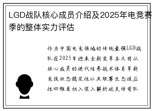 LGD战队核心成员介绍及2025年电竞赛季的整体实力评估