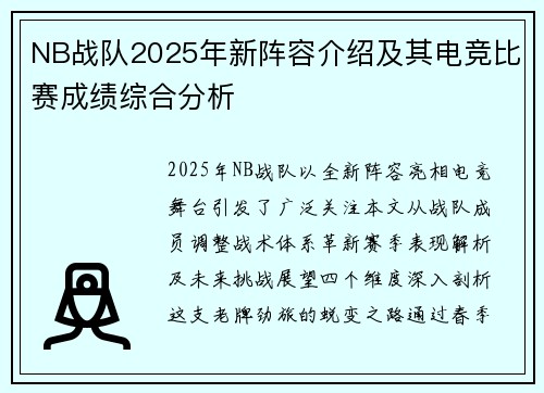 NB战队2025年新阵容介绍及其电竞比赛成绩综合分析