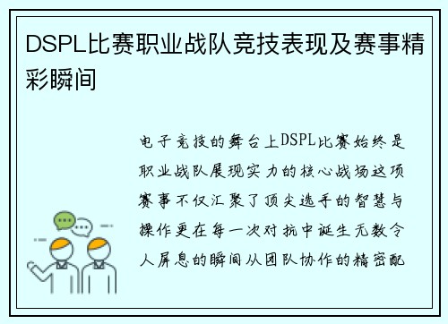 DSPL比赛职业战队竞技表现及赛事精彩瞬间